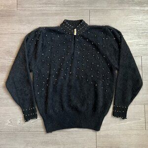 Vintage Angora Fuzzy Beaded Maximalist Sweater Knitwear Nina Austin Size L
